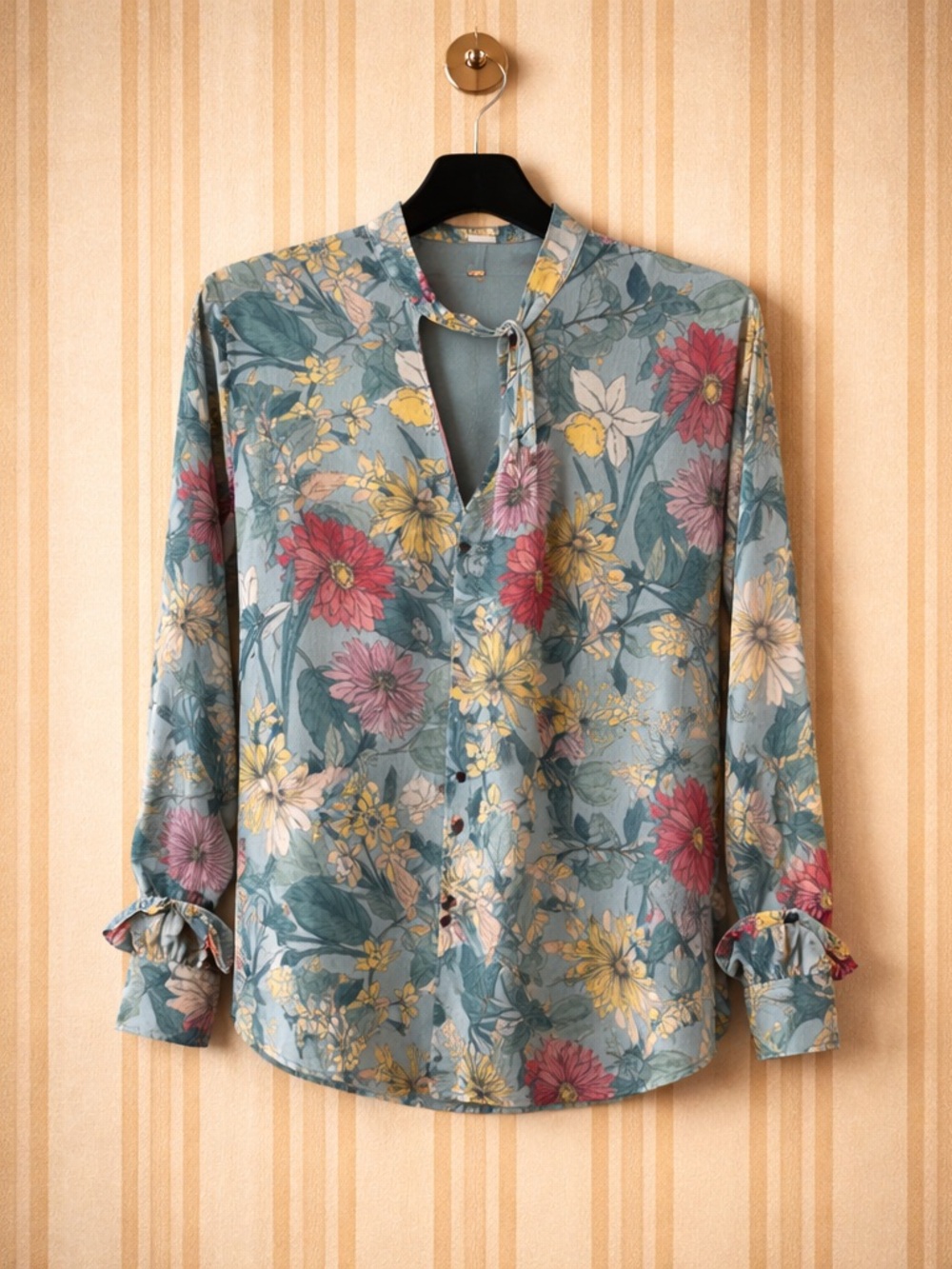 Zara Pink Blue Floral Tropical Cuffed Sleeve Blouse M NEW NWT